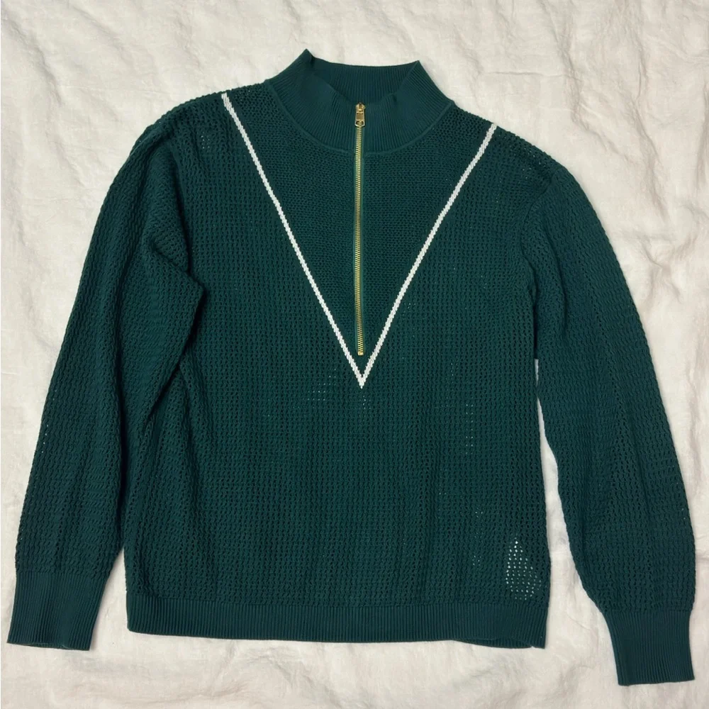 Varley Green Half-Zip Textured Sweater with White Trim - Picture 3 of 9